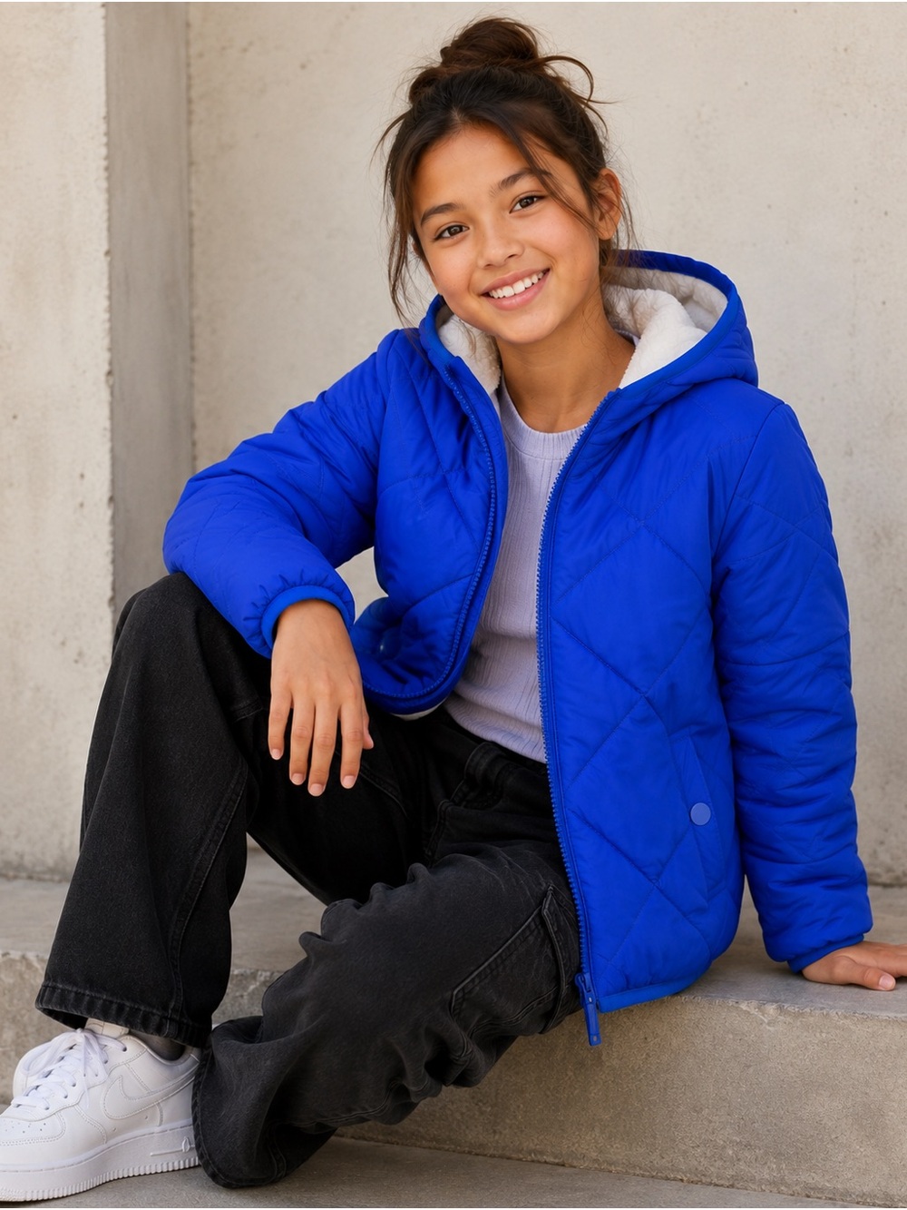 Cat & Jack Girls Large Royal Blue Quilted Puffer Jacket Sherpa Hood Winter Coat